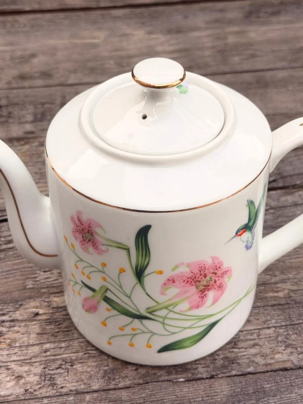 Vintage MCM White Porcelain Teapot with Hummingbird & Pink Lily Flowers Japan